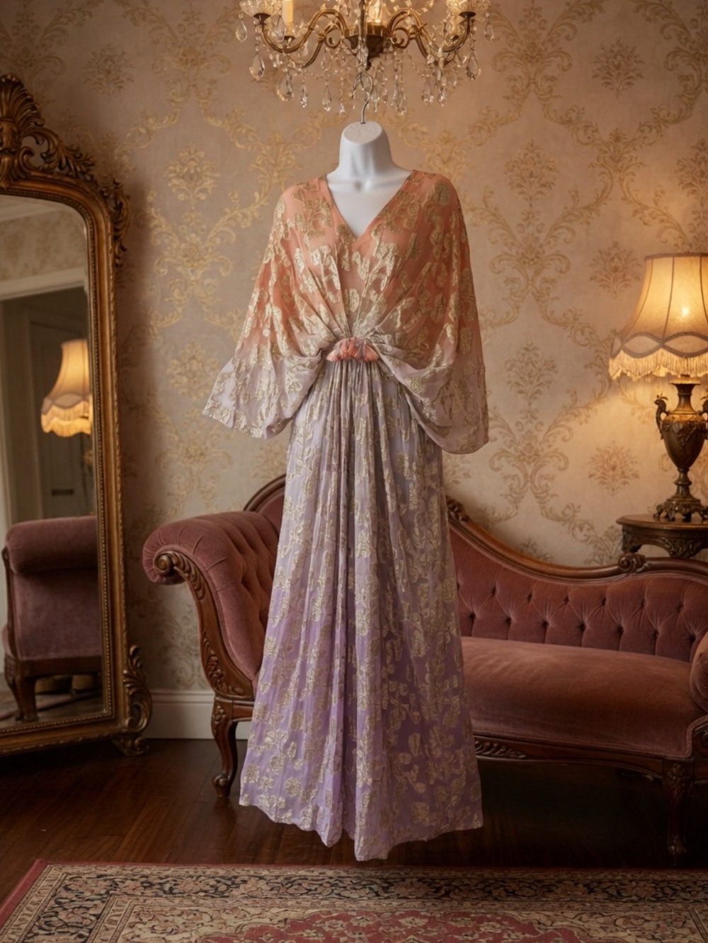 Miss June Paris metallic gold floral Ombré Peach Purple Maxi Dress NWT Marley - Picture 3 of 15